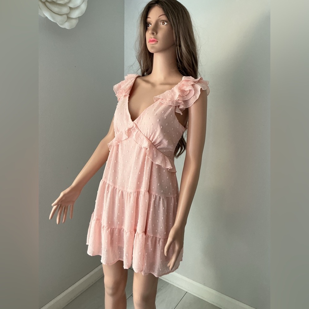 miami Pink Ruffle Tiered V-Neck Mini Dress Sz L